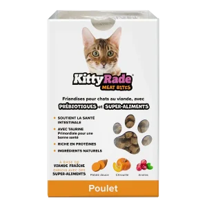 KittyRade_MeatBitesCat_Chicken_100g_FR_600x_37b13824-15f9-4223-9042-3ea3c799bdaf.pngv1722456320 Bouchées pour Chats enrichies en prébiotiques et superfood - Kittyrade